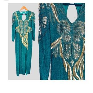 Excellent condition Womens Night Vogue Large beaded green gold evening gown
